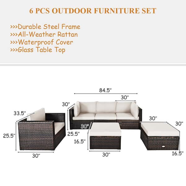 6-Piece Rattan Patio Furniture Set Cushion Sofa Coffee Table with White Cushions
