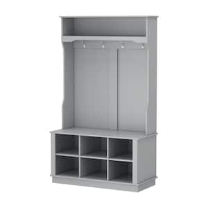 Gray Painted Freestanding Coat Rack with Shoe Bench, Hanging Hooks, and Storage Cubbies