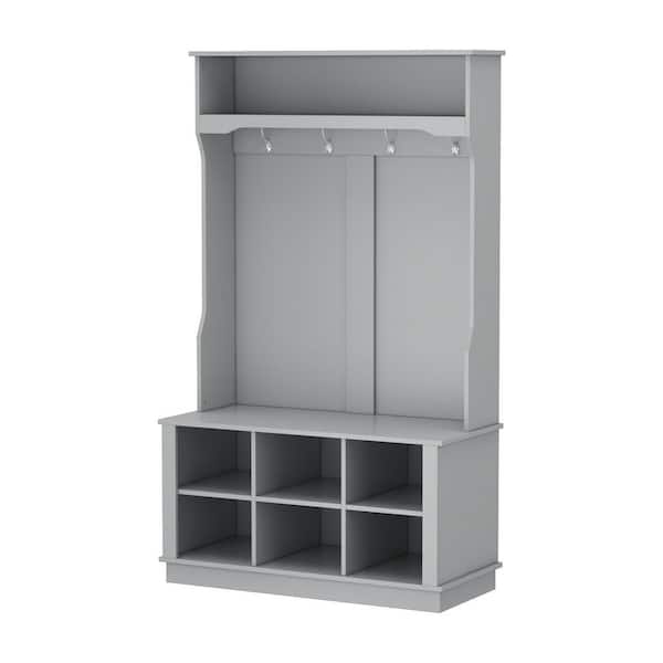 FUFU&GAGA Gray Painted Freestanding Coat Rack with Shoe Bench, Hanging Hooks, and Storage Cubbies