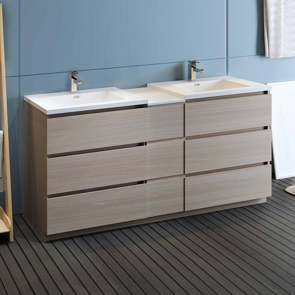 Transitional 72" Grey Double Sink Vanity with Acrylic Top
