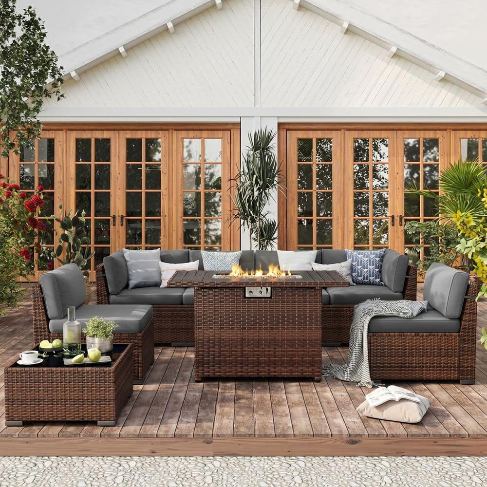 ELPOSUN 8-Piece Brown Rattan Patio Conversation Set with Gray