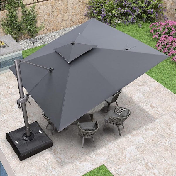 PURPLE LEAF 11 ft. Square 2-Tier Aluminum Cantilever 360-Degree Rotation Patio Umbrella with Base, Gray