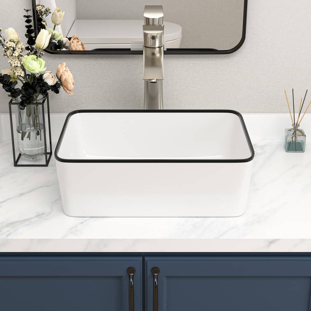 16 x 12 Inch White Ceramic Rectangular Vessel Sink with Black Rim