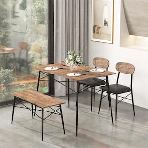 4-Piece Rectangle Rustic Brown Wood Top Dining Room Set Seats 4 with Bench, 2 Faux Leather Upholstered Chairs