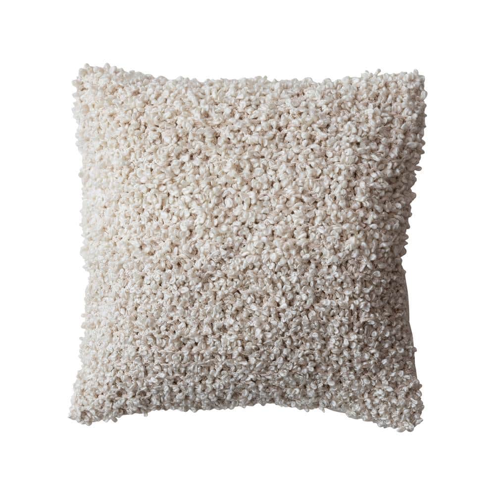 Cream Woven Cotton Blend Bouclé Square Throw Pillow