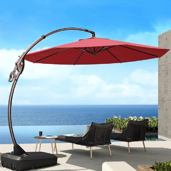 11 aluminum push button tilt patio offset umbrella with base Tenleaf Deluxe Offset Umbrella 11 ft. Aluminum Cantilever Manual Tilt Patio  Umbrella in Red with Base Tenleaf-OD51