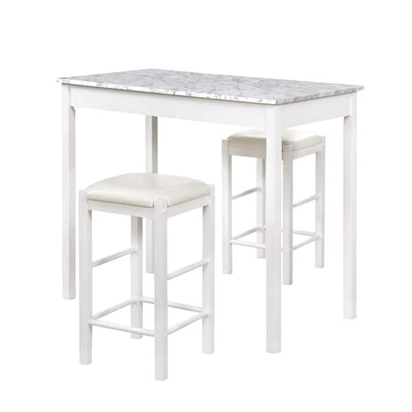 Linon Home Decor Tahoe White Wood with White and Grey Faux Marble Top 3-Piece Tavern Set