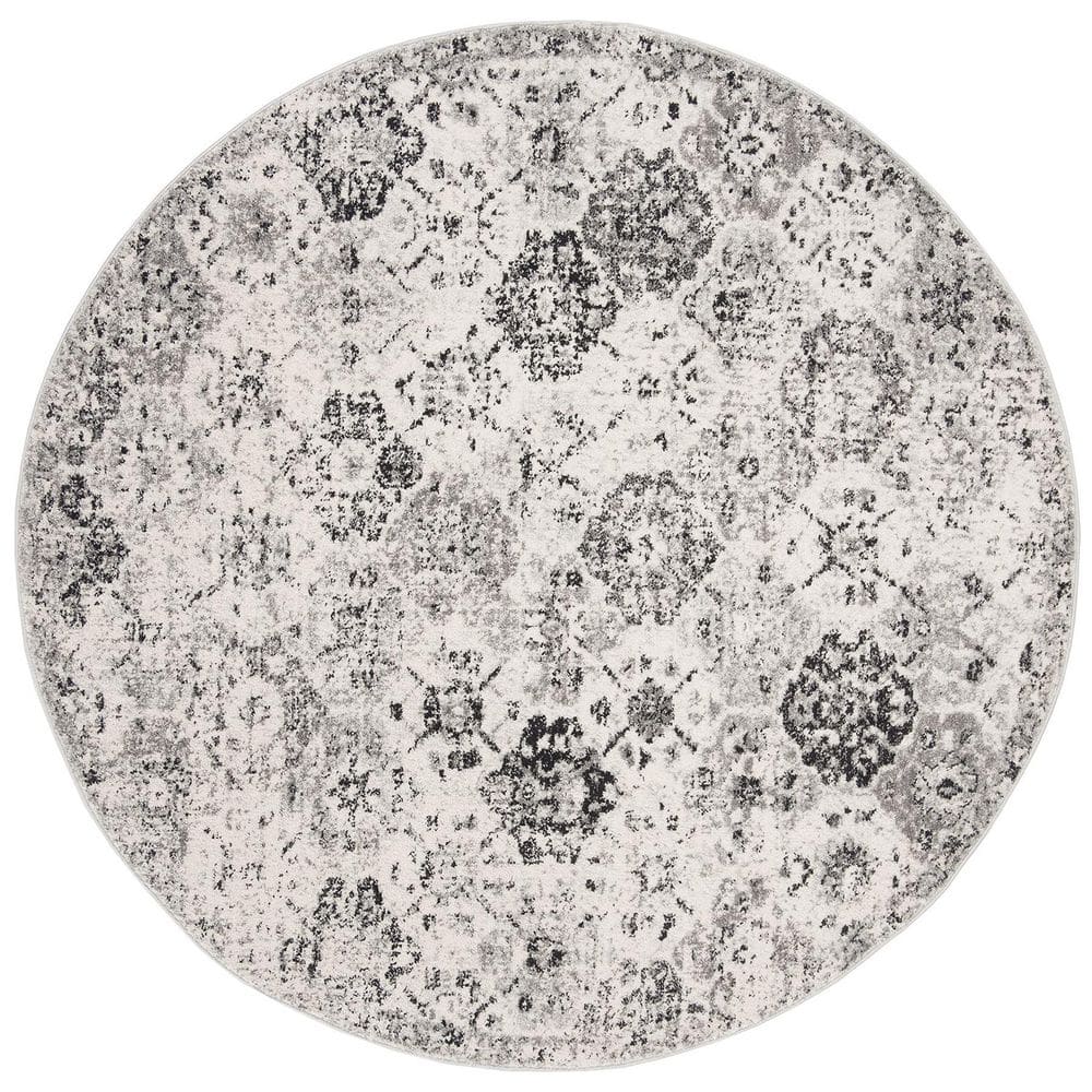 Gray Polypropylene 4 ft. x 4 ft. Floral Indoor Round Area Rug
