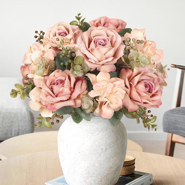 LIVING LUXURY 19 in. Rose Cafe Artificial Elegant Rose Hydrangea Flower Stem Bush Bouquet (Set of 2)