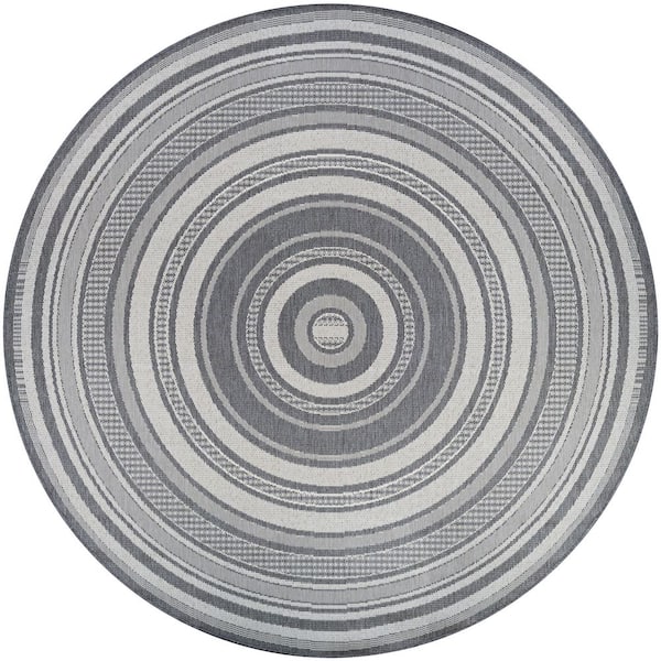 Recife Gazebo Stripe 8 ft. Round Ivory-Silver Indoor/Outdoor Area Rug