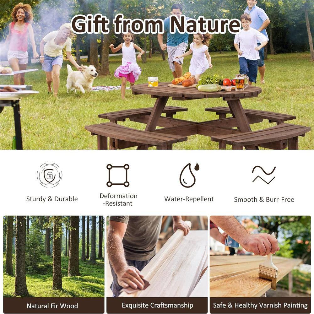 Brown Fir Wood Round Picnic Table Set with Umbrella Hole