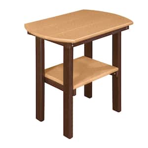 Poly Series Brown Plastic Resin Oval Outdoor Side Table with Cedar Colored Shelves
