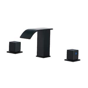 8 in. Widespread Waterfall Spout Double Handle Bathroom Faucet with Drain Kit Included in Matte Black