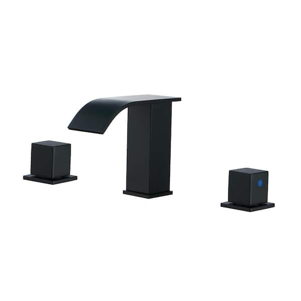 IVIGA Stainless Steel 8 in. Widespread Double Handle Waterfall Bathroom Faucet with Drain and Supply Lines in Matte Black