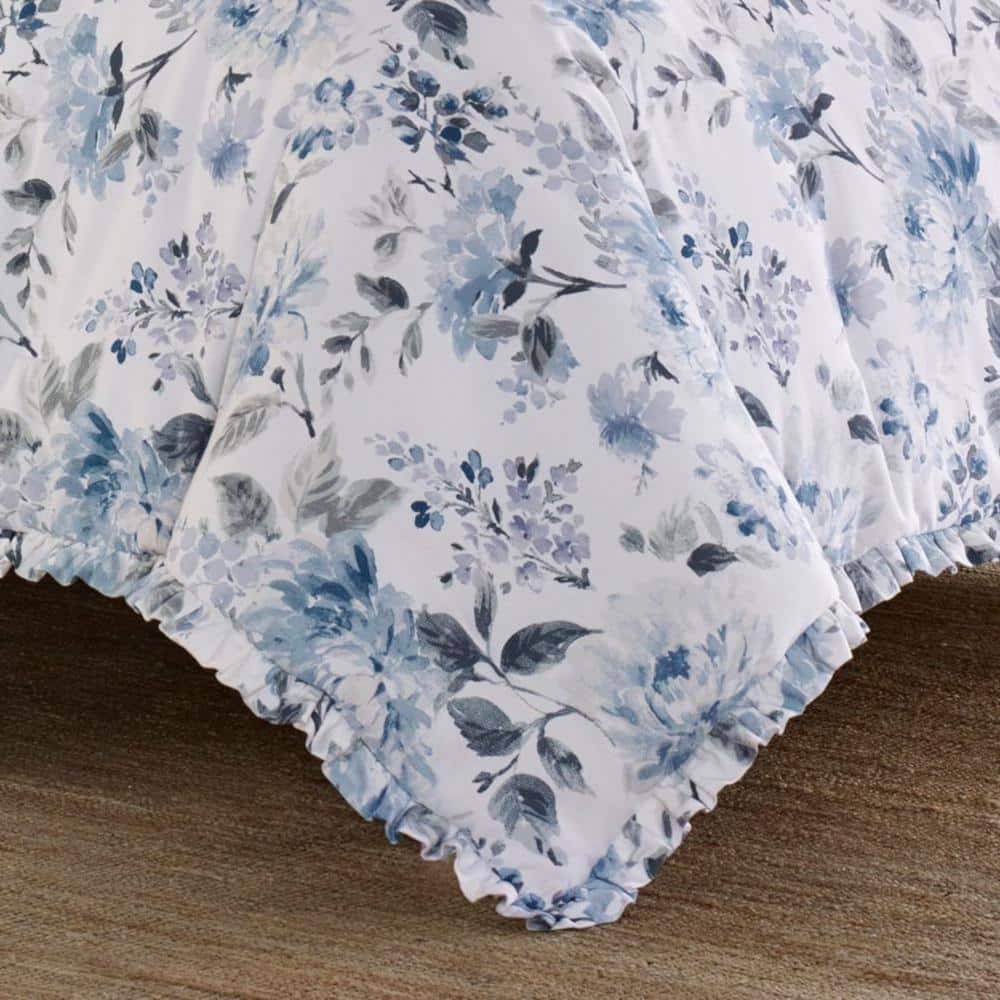 Chloe Blue Floral Cotton Twin Duvet Cover Set with Ruffled Edges