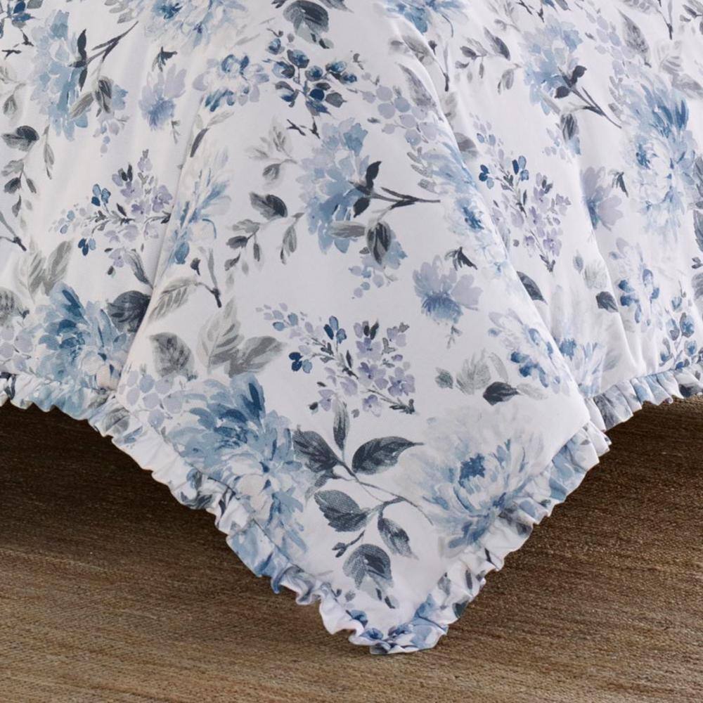 King Blue Cotton Ruffled Floral Duvet Cover Set