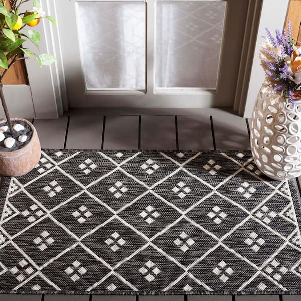 Courtyard Black/Ivory 2 ft. x 4 ft. Diamond Lattice Indoor/Outdoor Area Rug