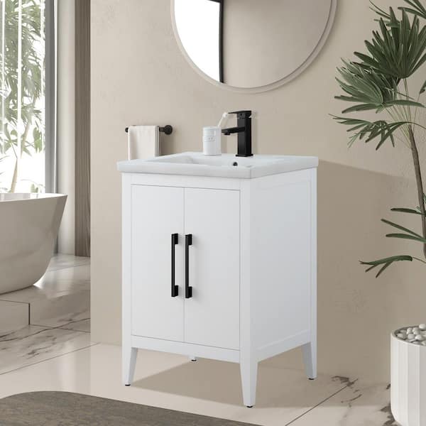 24 in. W x 18.5 in D x 34 in. H Single Sink Bathroom Vanity Cabinet in White with Ceramic Top