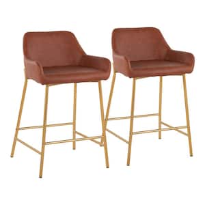 Daniella 33 in. Fixed-Height Camel Faux Leather and Gold Steel Counter Height Bar Stool (Set of 2)
