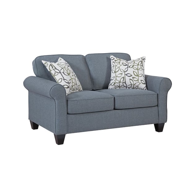 American Furniture Classics Classic Cottage Series 60 in. Blue Solid Fabric 2-Seater Loveseat with Rolled Arms and 2-Accent Pillows