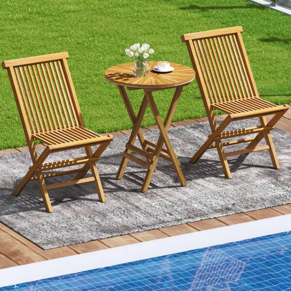 Kadehome 23.5 in. W Round Folding Teak Side Table Slatted Top