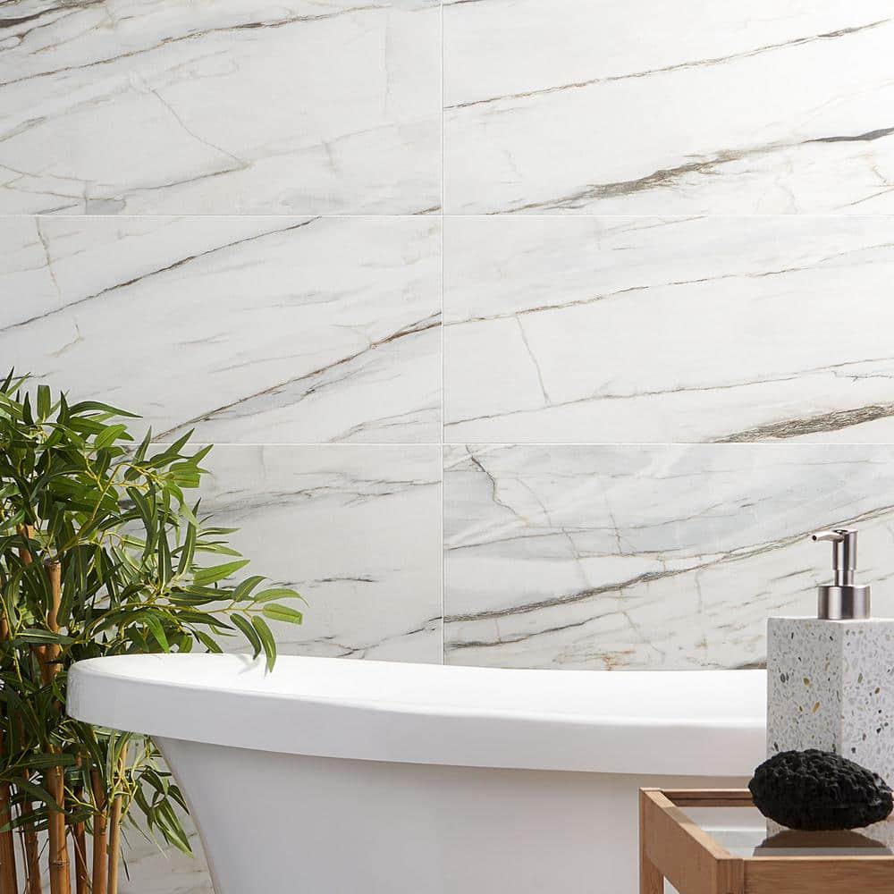 Enigma 24" Rectangular Matte White Porcelain Marble Look Tile