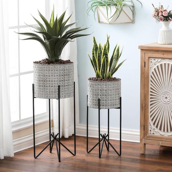 Luxenhome Planter with Stand, Set of 2 Plant Pots, Gray/White Planters for  Indoor Plants, Modern Plant Pot with Indoor Plant Stand, Plant Pots Indoor