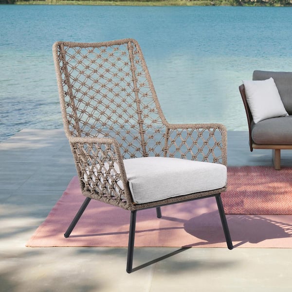 Armen Living Marco Truffle Rope Cushioned Steel Indoor Outdoor Lounge Arm Chair with Grey Cushion