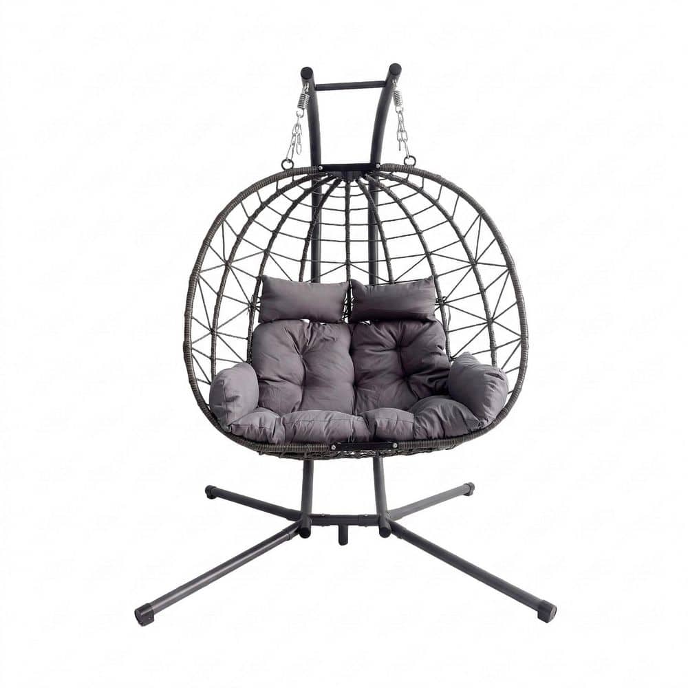 2-Person Grey HDPE Patio Swing with Cushion for Indoor and Outdoor Use, All-Weather Wicker and Sturdy Iron Frame