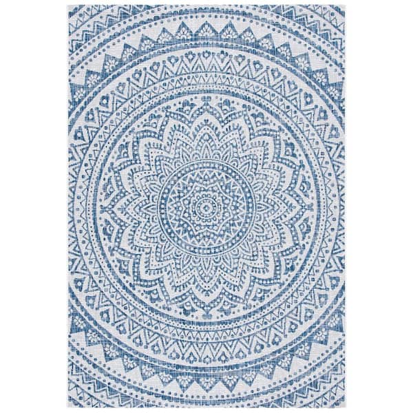 SAFAVIEH Courtyard Ivory/Navy Doormat 2 ft. x 4 ft. Medallion Indoor/Outdoor Area Rug