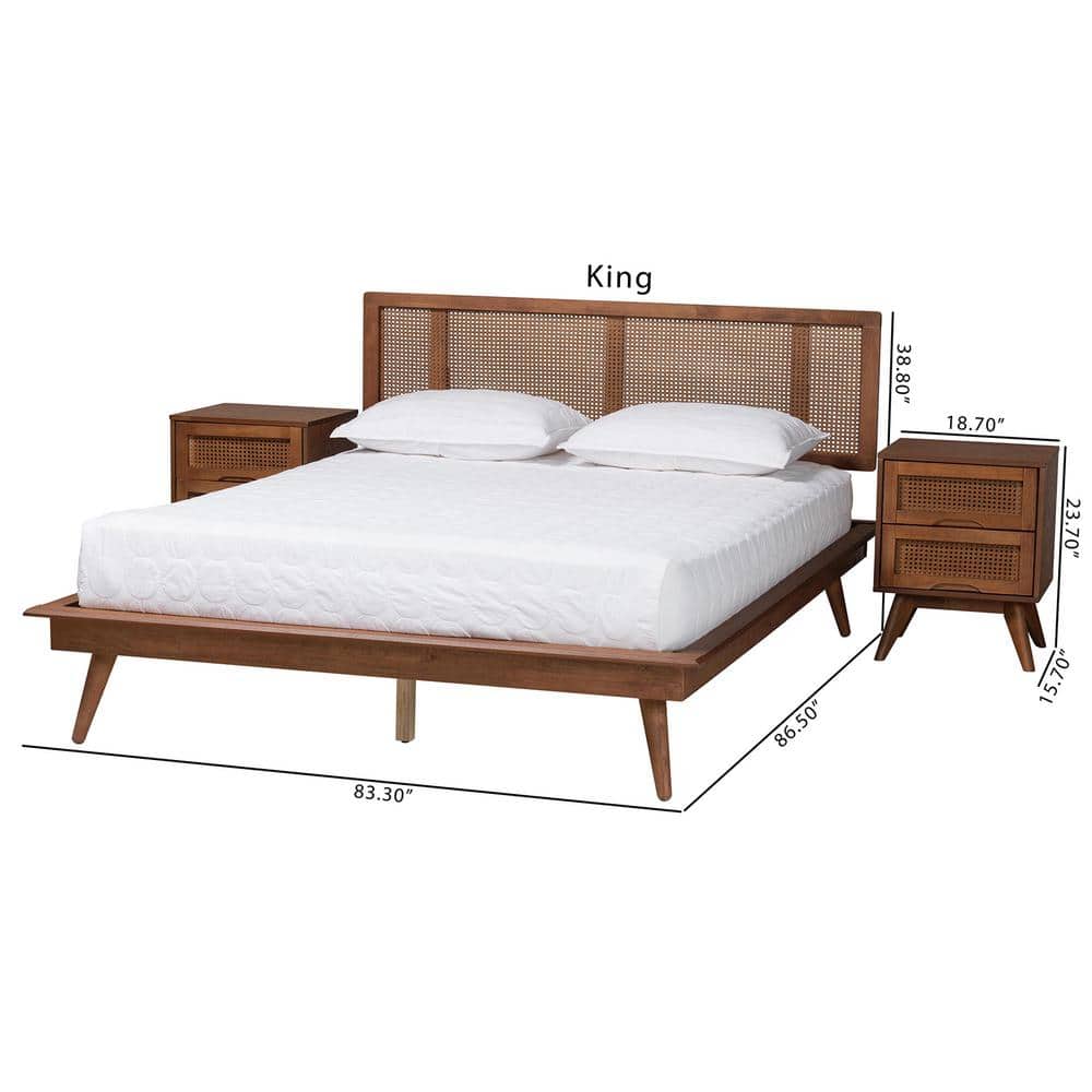 Walnut Brown Wood and Rattan King Size 3-Piece Bedroom Set