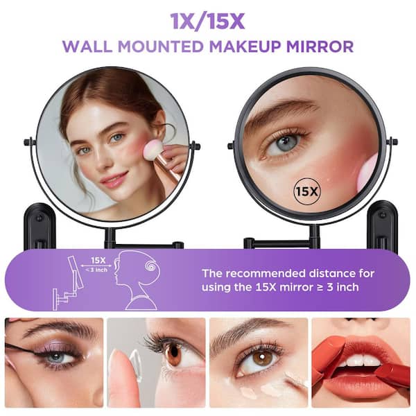 8.5 in. W x 8.5 in. H Round Folding Tabletop Mirror Bathroom HD Makeup Mirror with 1X/15X Magnification-Black