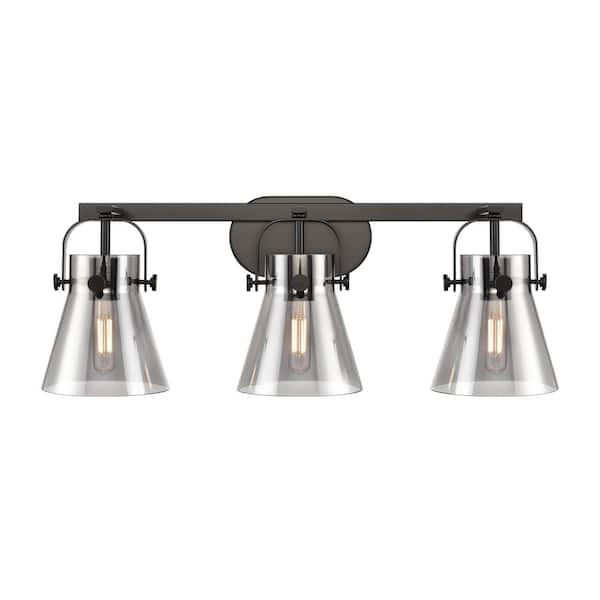 Innovations Pilaster II Cone 26.5 in. 3-Light Matte Black Vanity Light with Glass Shade