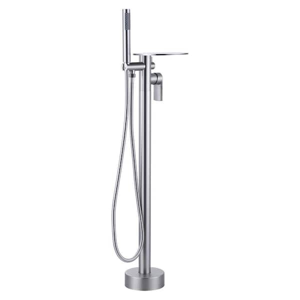 Single-Handle Floor Mount Freestanding Tub Faucet with Hand Shower and Waterfall Spout in Brushed Nickel