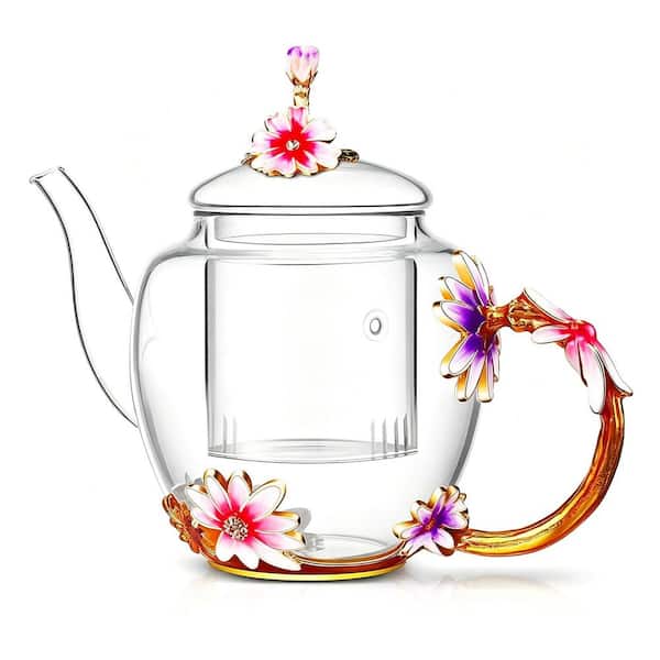 4-Cup Enamel Glass Flower Tea Pot with Removable Infuser, 35 oz. Tea Maker for Loose Tea