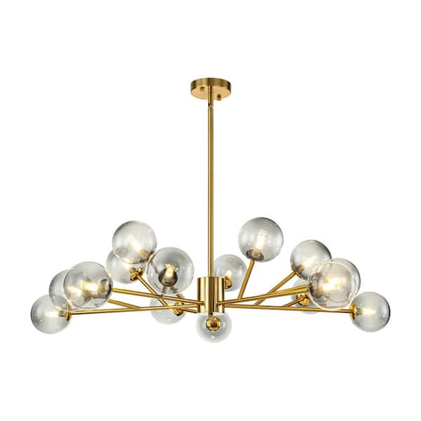 RRTYO Higginsville 15-Light Modern Farmhouse Brass Sputnik Sphere Cluster Chandelier with Gradient Grey Glass Globe Bubble