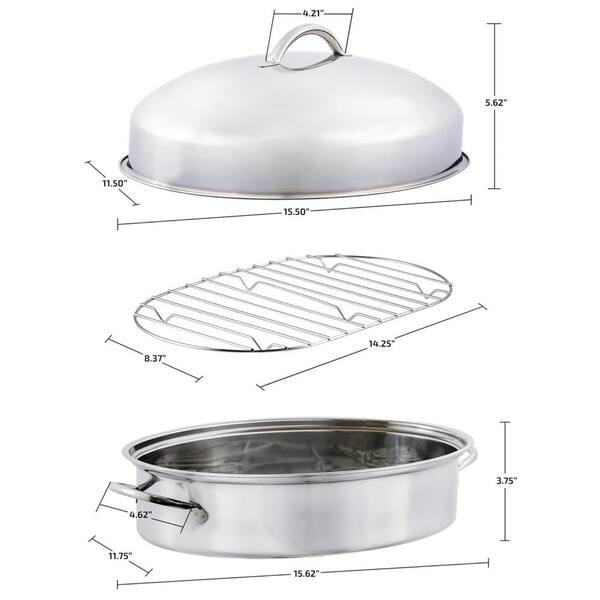 OVENTE 3-Piece 16 Silver Stainless Steel Oval Roasting Pan/Baking Tray  with Lid and Rack CWR32161S