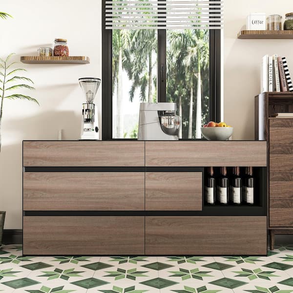 FUFU&GAGA Brown and Black 6 Drawers 63 in. Width Dresser, Chest of Drawers, Storage Cabinet with A Open Shelf without Mirror