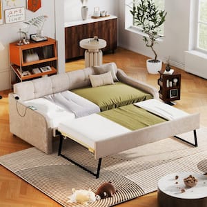 Beige Twin Size Wood Snowflake Velvet Upholstered Daybed with Twin Size Adjustable Trundle, USB Charging