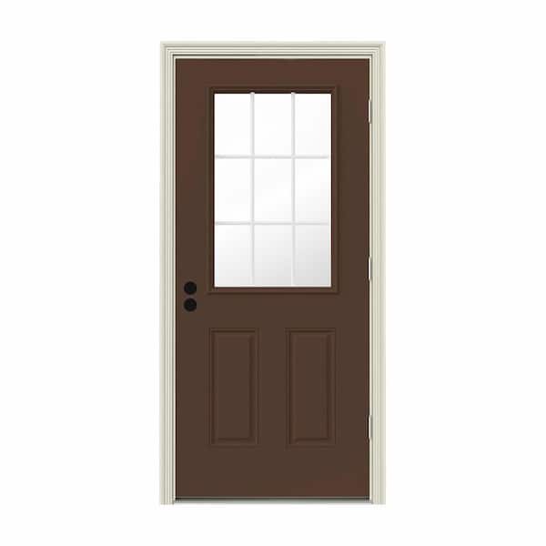 30 in. x 80 in. 9 Lite Dark Chocolate Painted Steel Prehung Left-Hand Outswing Entry Door w/Brickmould