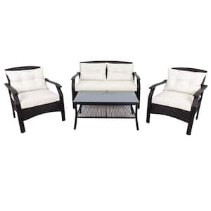 4-Piece Wicker Outdoor Rattan Sofa Sectional Set with Beige Cushions