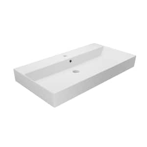 Energy 85 Matte White Ceramic Rectangular Wall Mounted/Vessel Sink with 1 Faucet Hole