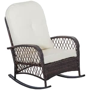 Cream White Wicker Outdoor Rocking Chair with Soft Cushion, Rattan Rocker with Steel Frame and Wide Seat and Thick