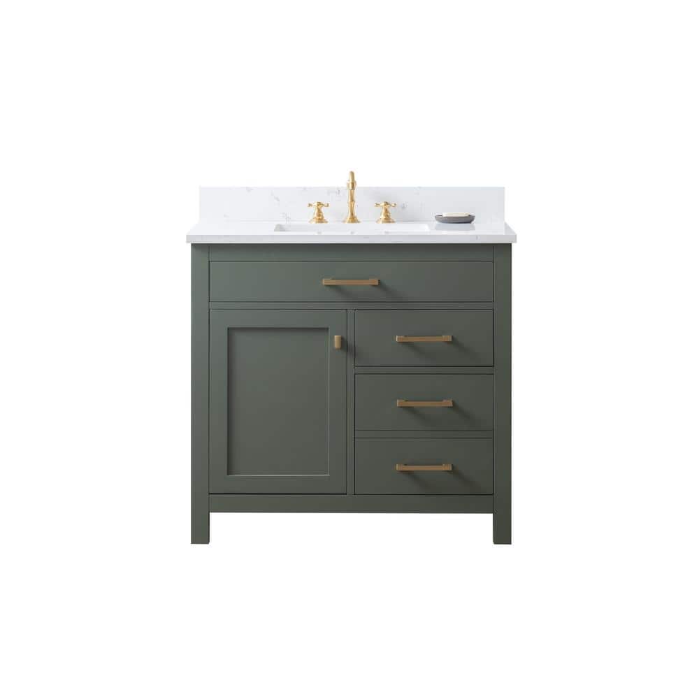 Vintage Green Solid Wood Freestanding Vanity with Carrara White Top