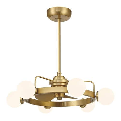 Gibson 30 in. W Indoor Warm Brass Integrated LED Ceiling Fan D´Lier with Opal Glass Shade and Remote Control Included Savoy House Ceiling Fans With Lights