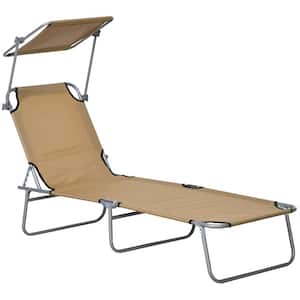 Folding Steel Outdoor Lounge Chair with Adjustable Backrest and Awning in Tan for Beach, Camping, Backyard