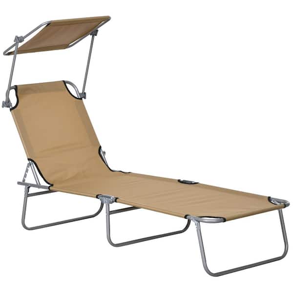 Otryad Folding Steel Outdoor Lounge Chair with Adjustable Backrest and Awning in Tan for Beach, Camping, Backyard