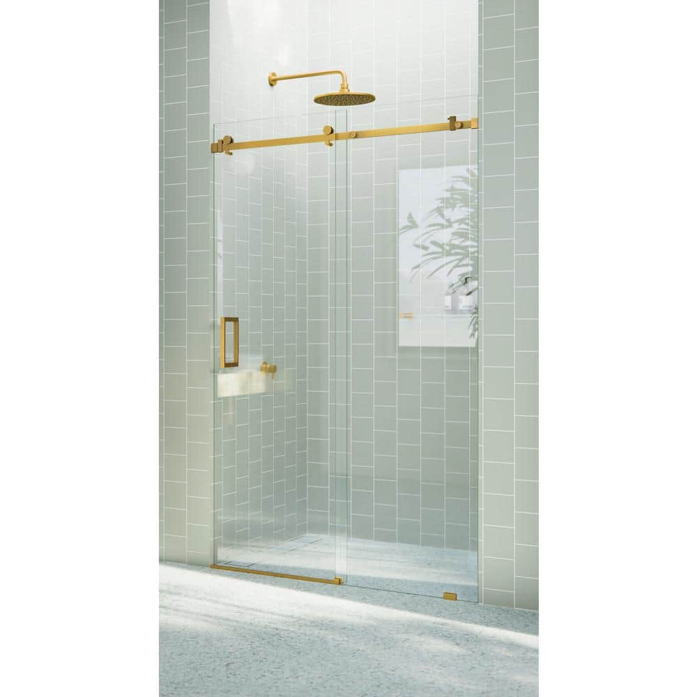 Astro Frameless Glass Sliding Shower Door with Satin Brass Hardware
