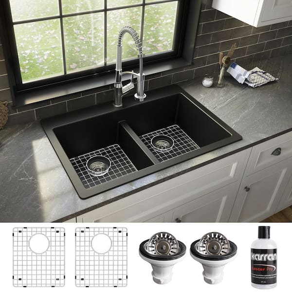 Karran QT-810 Quartz/Granite 33 in. Double Bowl 50/50 Top Mount Drop-in Kitchen Sink in Black with Bottom Grid and Strainer