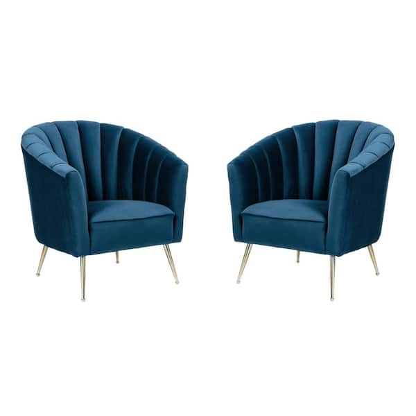 Manhattan Comfort Rosemont Mid-Century Modern Blue and Gold Velvet Upholstered Accent Arm Chair (Set of 2)